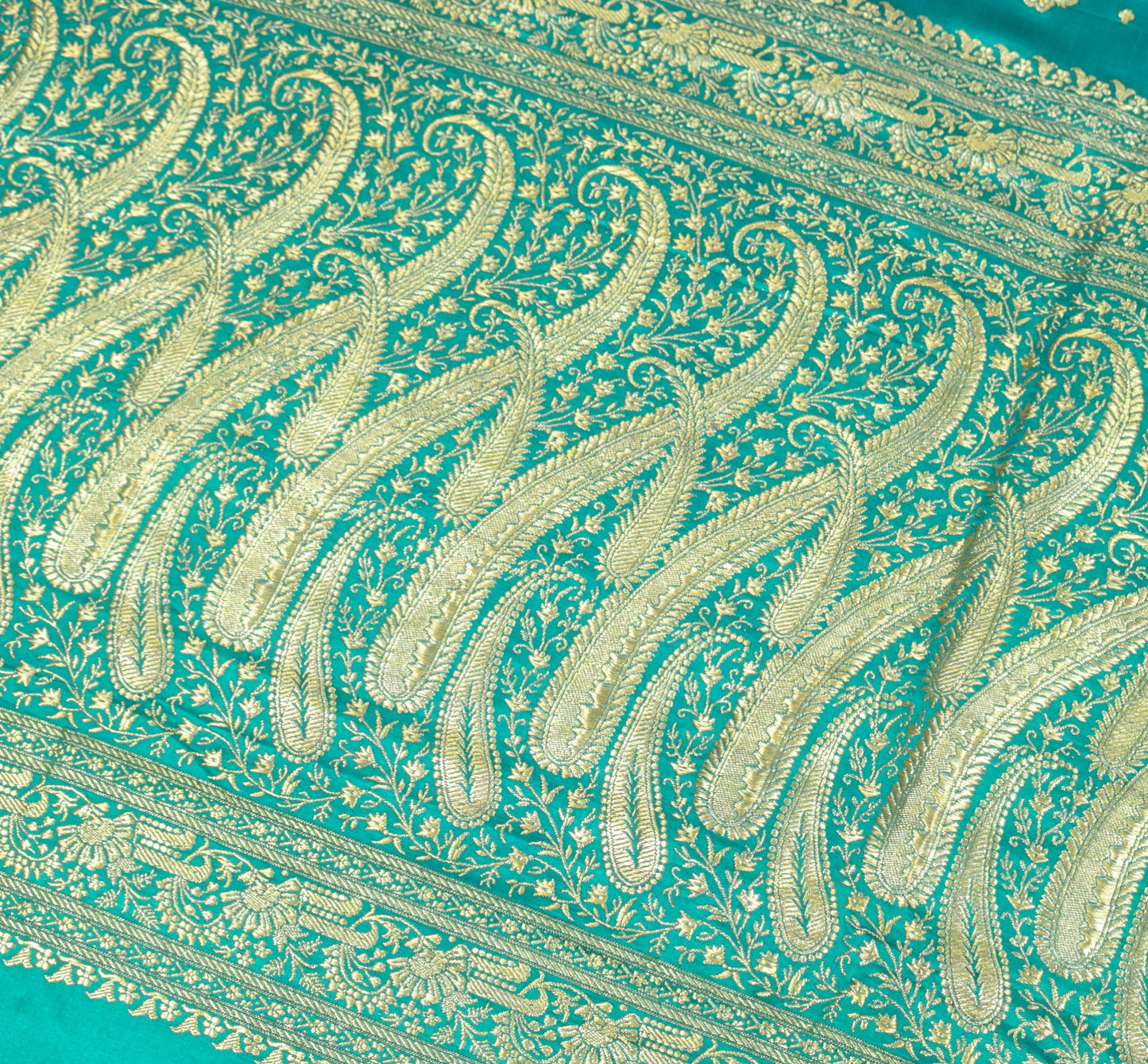 Sushila Vintage Heavy Saree Pure Satin Silk Banarasi Teal Blue Woven Sari Fabric