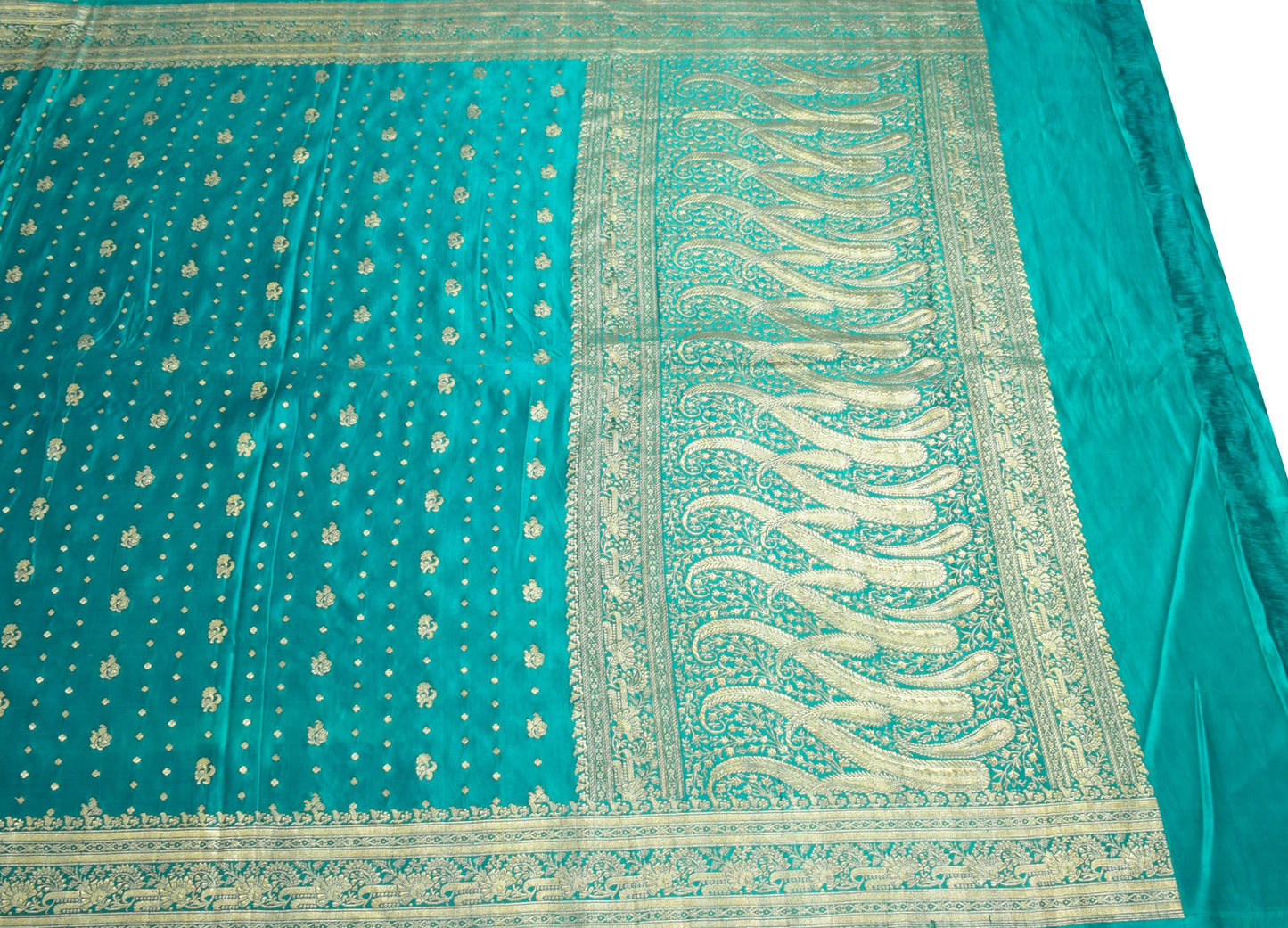 Sushila Vintage Heavy Saree Pure Satin Silk Banarasi Teal Blue Woven Sari Fabric