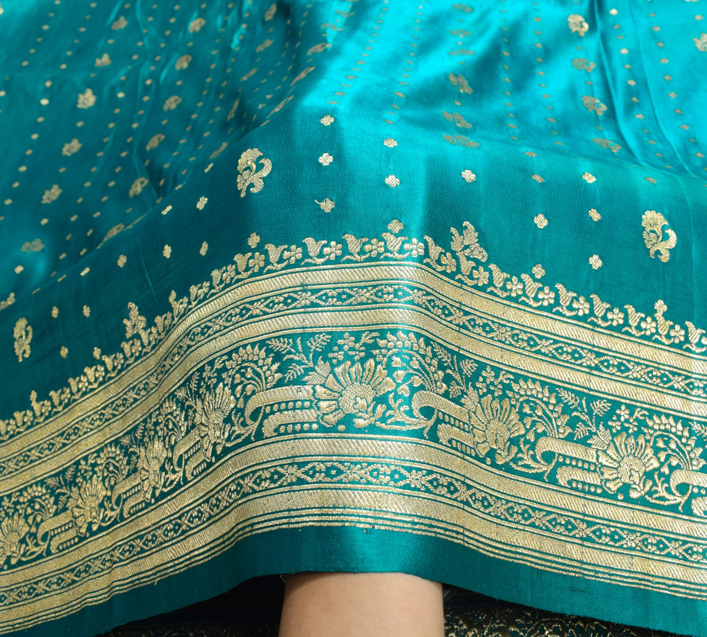 Sushila Vintage Heavy Saree Pure Satin Silk Banarasi Teal Blue Woven Sari Fabric