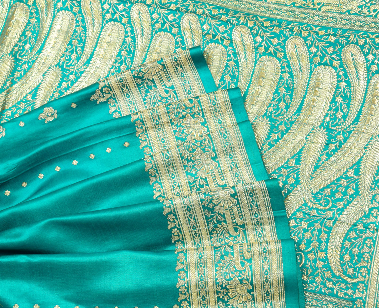 Sushila Vintage Heavy Saree Pure Satin Silk Banarasi Teal Blue Woven Sari Fabric