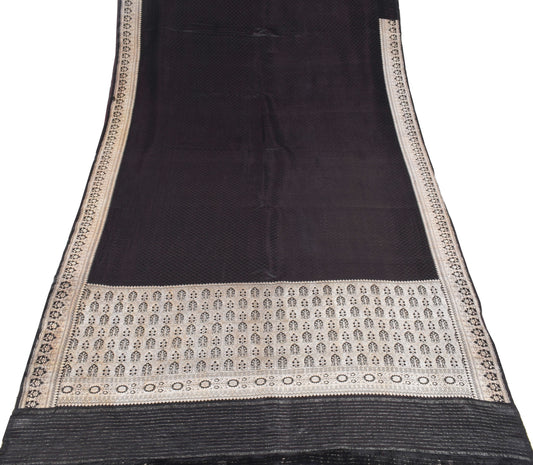 Sushila Vintage Black Handloom Saree Pure Satin Silk Banarasi Tanchoi Sari