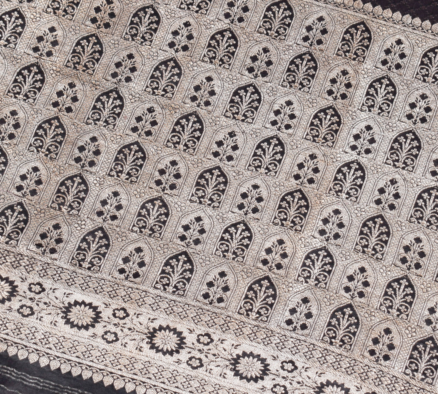 Sushila Vintage Black Handloom Saree Pure Satin Silk Banarasi Tanchoi Sari