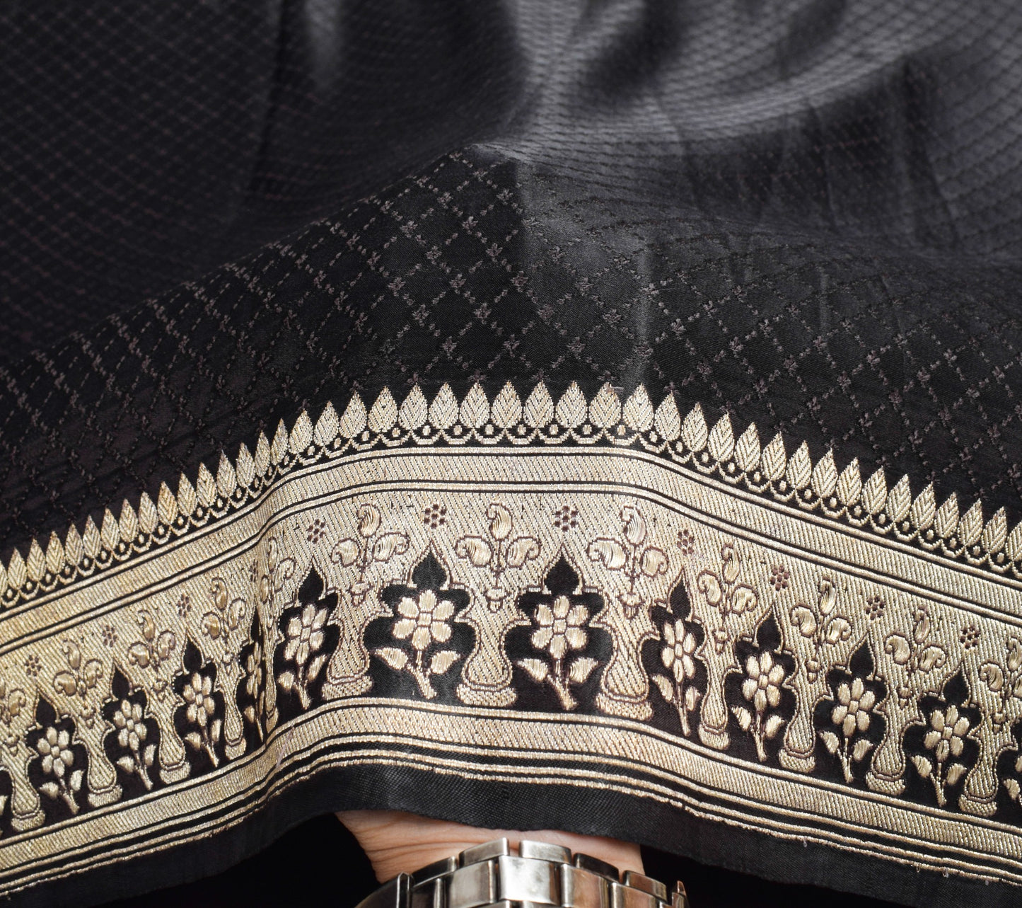 Sushila Vintage Black Handloom Saree Pure Satin Silk Banarasi Tanchoi Sari