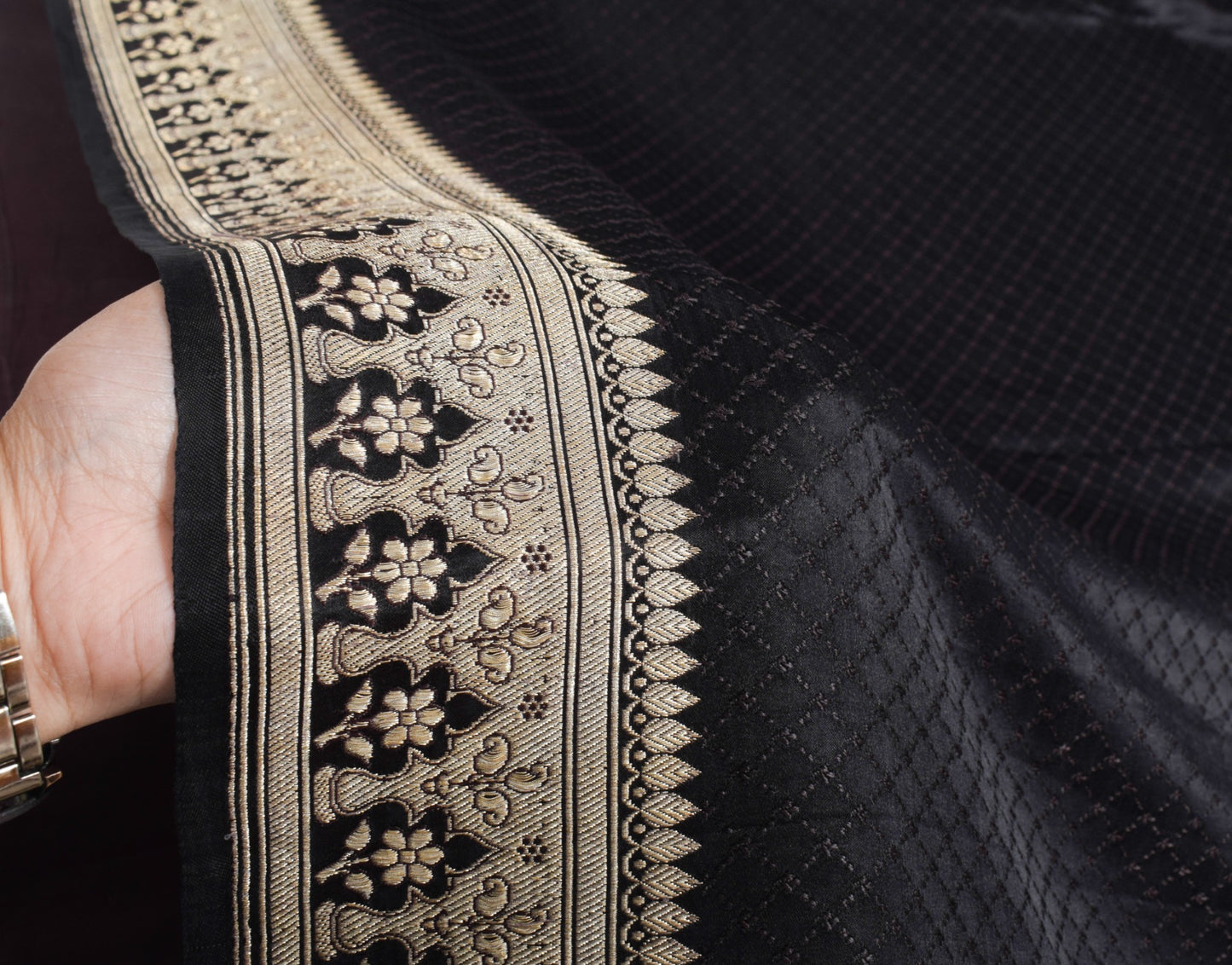 Sushila Vintage Black Handloom Saree Pure Satin Silk Banarasi Tanchoi Sari