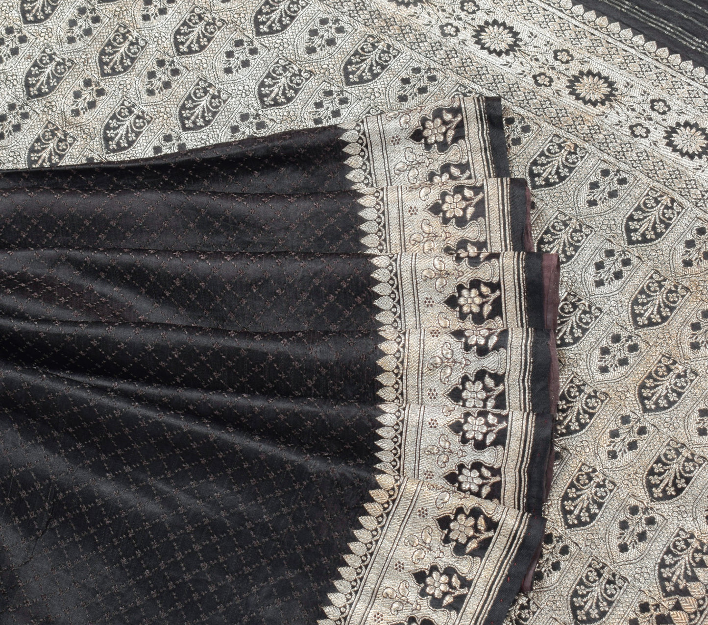 Sushila Vintage Black Handloom Saree Pure Satin Silk Banarasi Tanchoi Sari