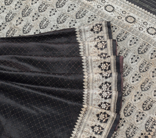 Sushila Vintage Black Handloom Saree Pure Satin Silk Banarasi Tanchoi Sari