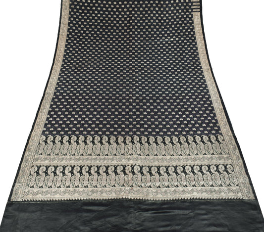 Sushila Vintage Heavy Saree Pure Satin Silk Black Banarasi Brocade Woven Sari