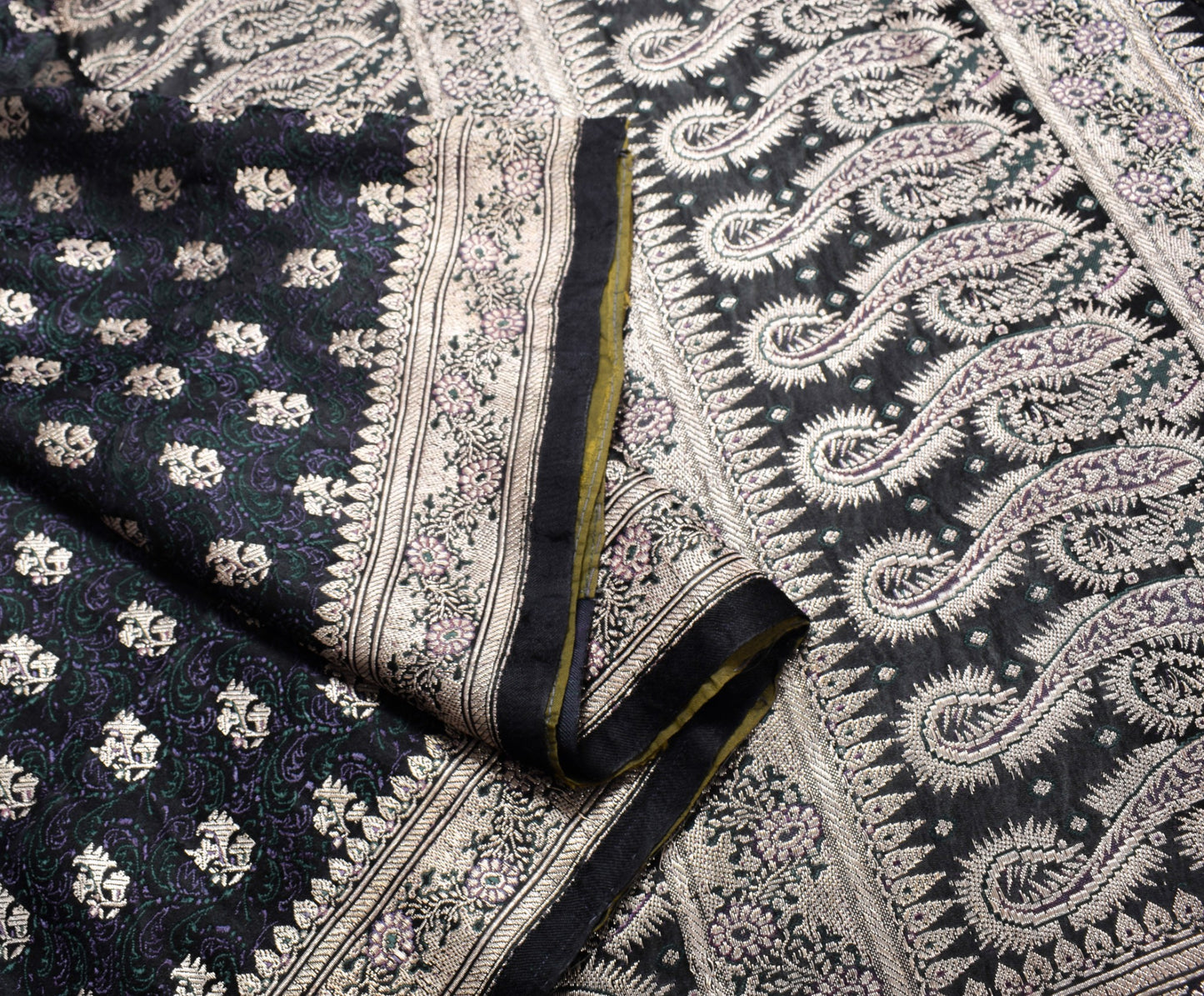 Sushila Vintage Heavy Saree Pure Satin Silk Black Banarasi Brocade Woven Sari