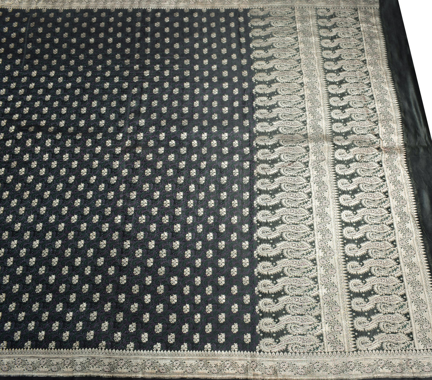 Sushila Vintage Heavy Saree Pure Satin Silk Black Banarasi Brocade Woven Sari