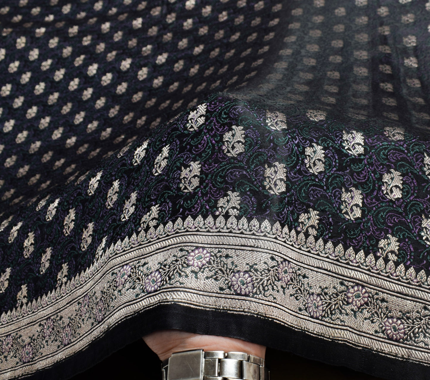 Sushila Vintage Heavy Saree Pure Satin Silk Black Banarasi Brocade Woven Sari