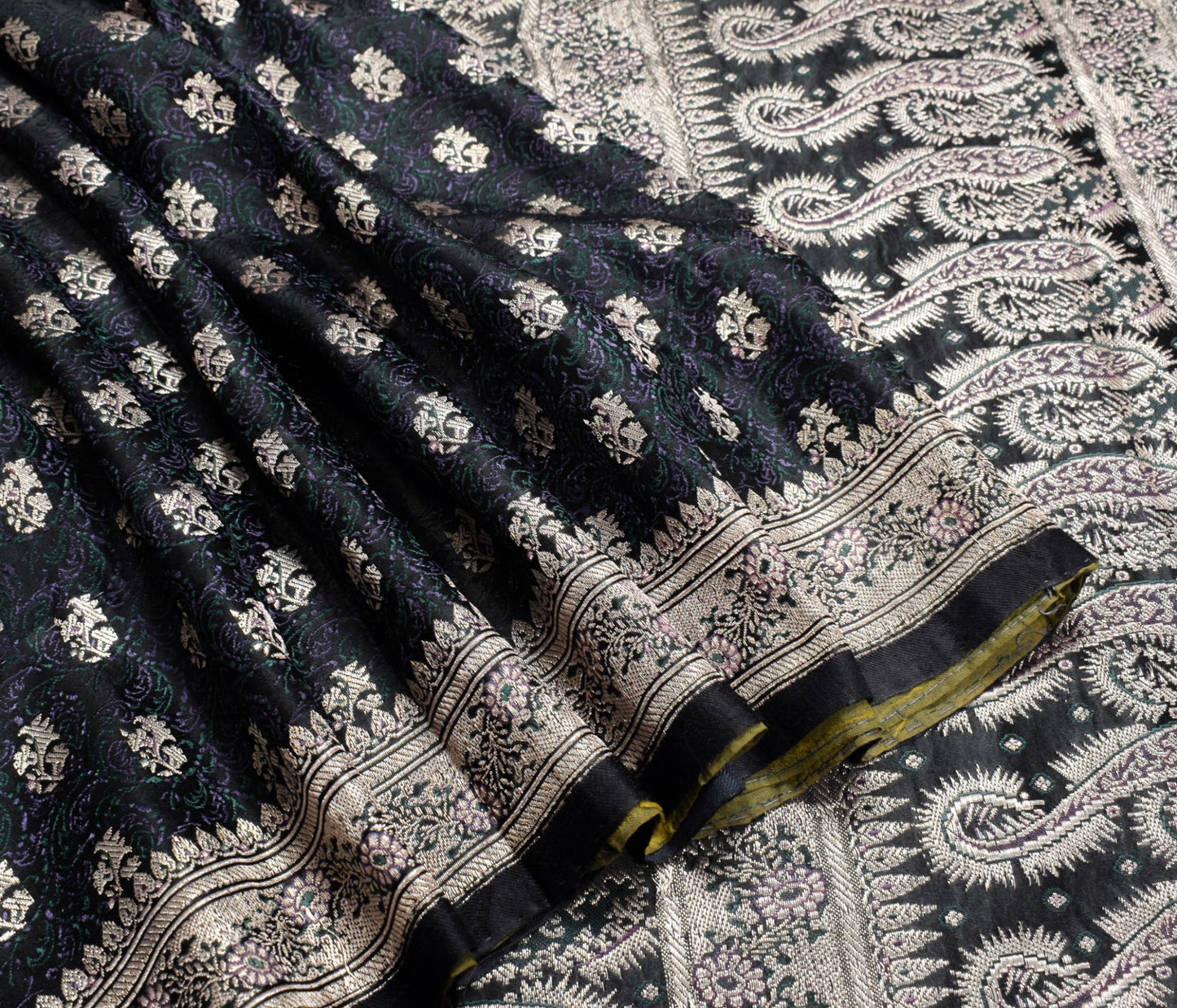 Sushila Vintage Heavy Saree Pure Satin Silk Black Banarasi Brocade Woven Sari