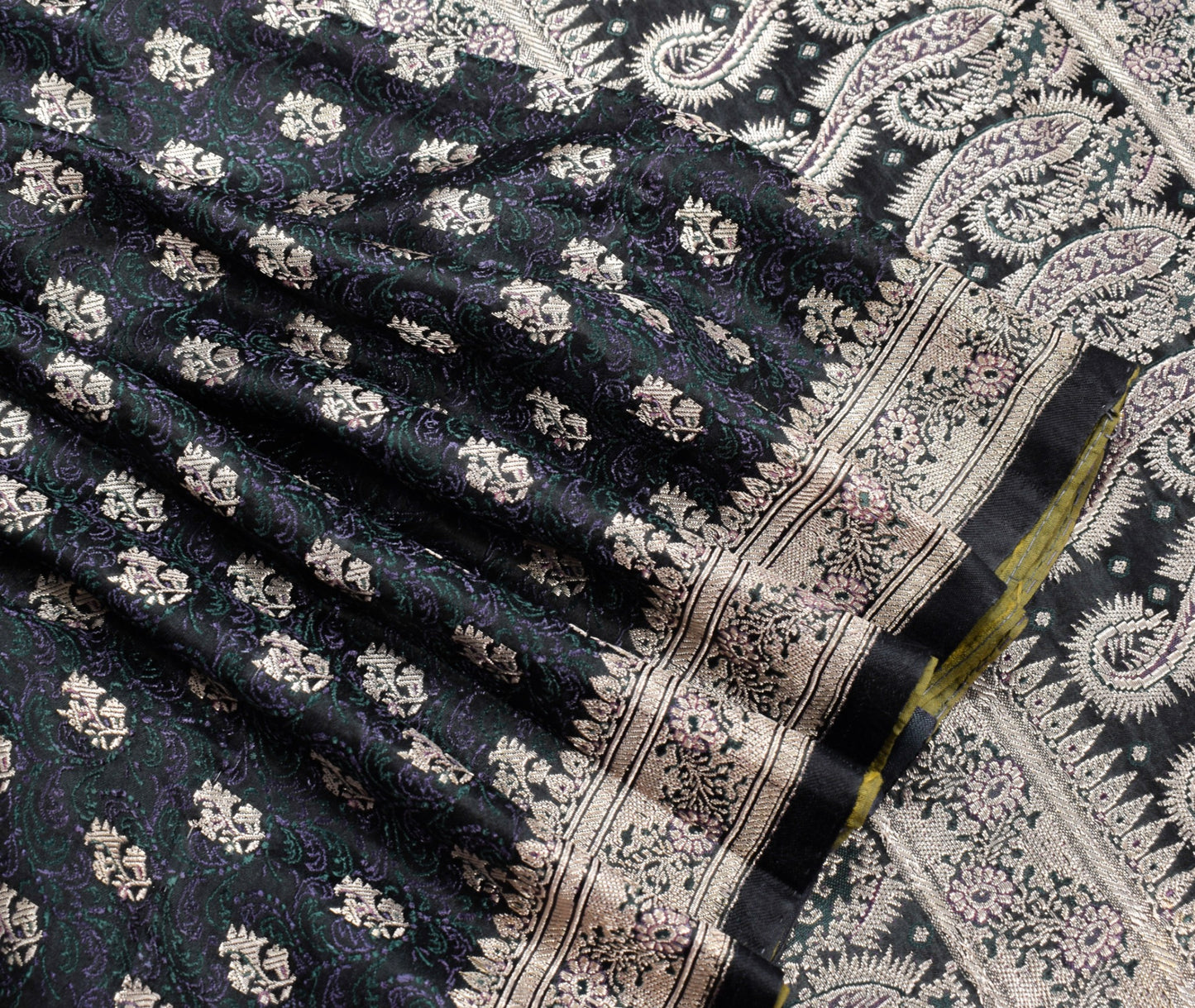 Sushila Vintage Heavy Saree Pure Satin Silk Black Banarasi Brocade Woven Sari