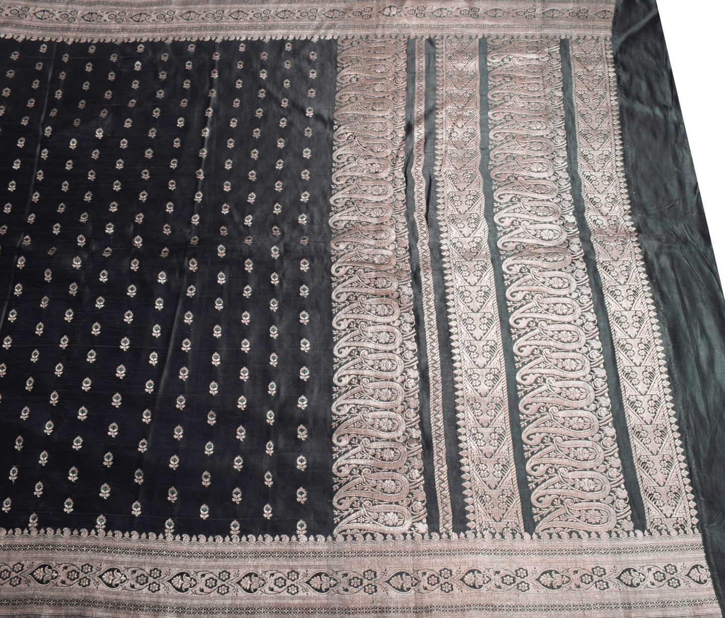 Sushila Vintage Heavy Banarasi Saree Pure Satin Silk Brocade Floral Black Sari