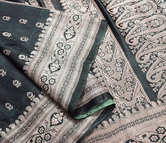 Sushila Vintage Heavy Banarasi Saree Pure Satin Silk Brocade Floral Black Sari