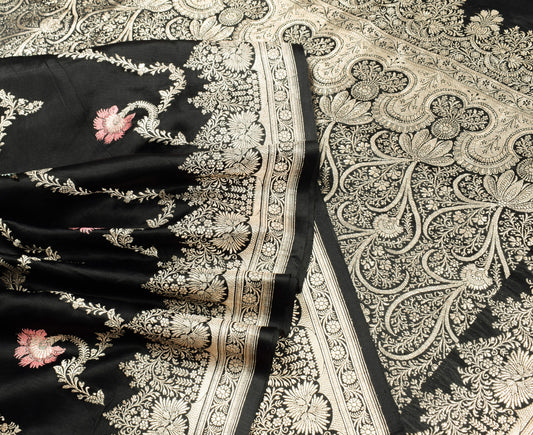 Sushila Vintage Banarasi Handloom Saree Pure Satin Silk Black Gold Zari Sari