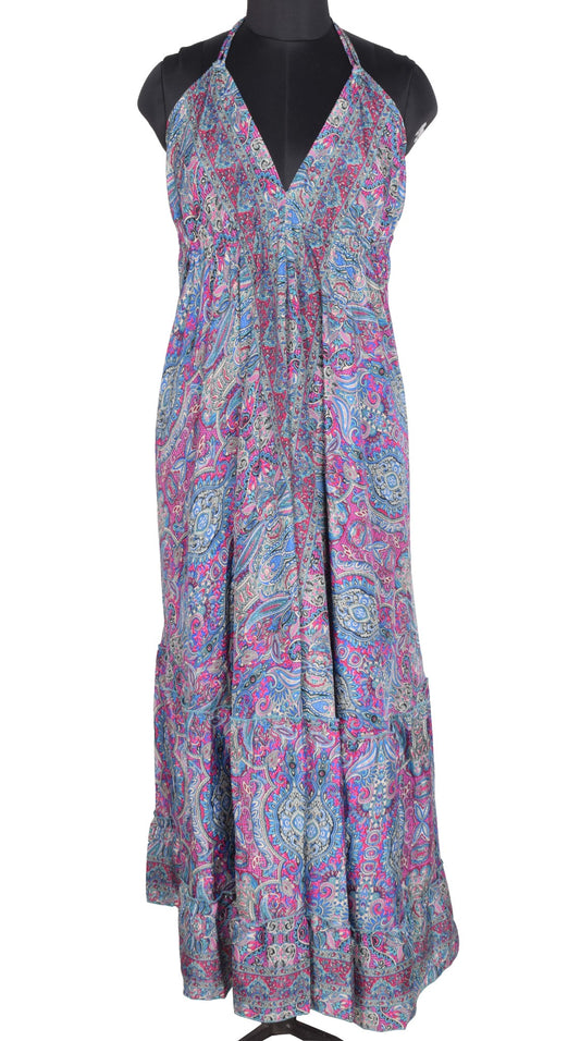 Sushila Vintage Magenta Boho Print Art Silk Halter Neck Beach Maxi Resort Wear