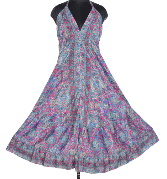 Sushila Vintage Magenta Boho Print Art Silk Halter Neck Beach Maxi Resort Wear