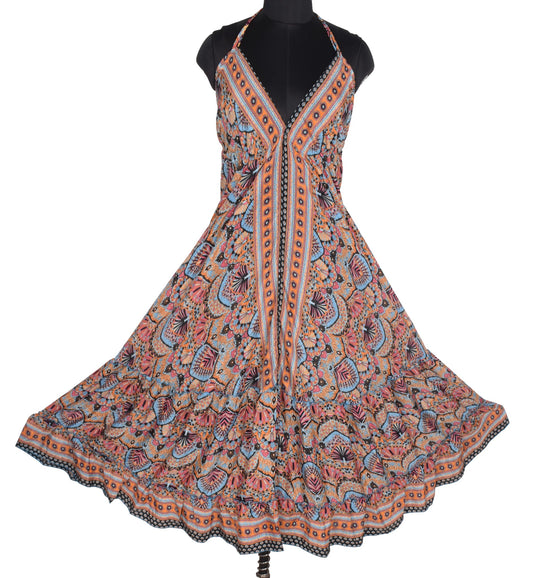 Sushila Vintage Black Boho Printed Art Silk Halter Neck Beach Maxi Resort Wear