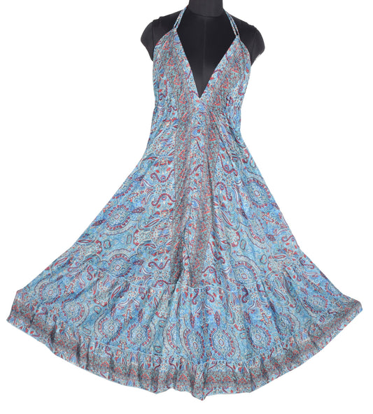 Sushila Vintage Aqua Blue Boho Print Art Silk Halter Neck Beach Maxi Resort Wear