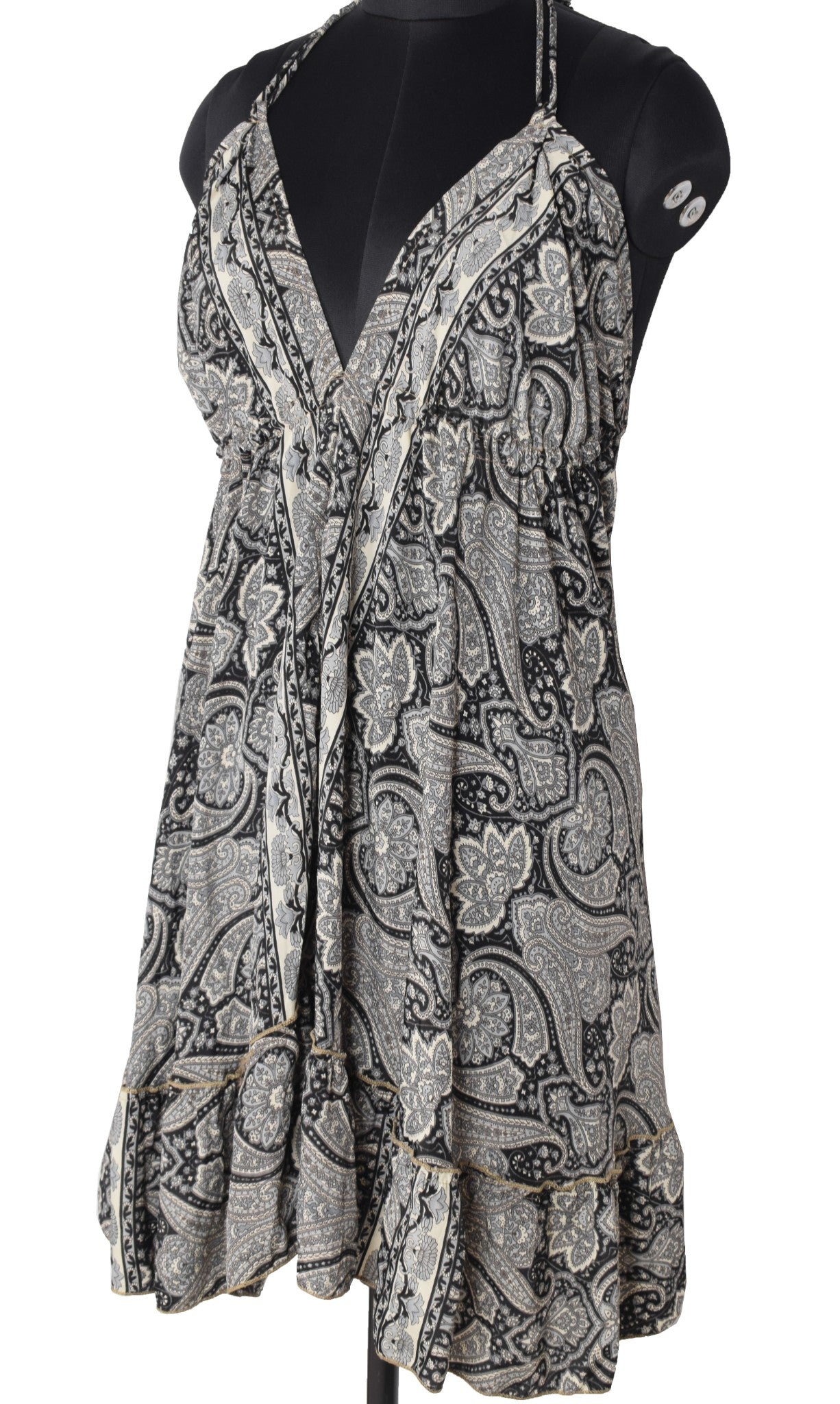 Sushila Vintage Halter Neck Midi Dress Boho Paisley Flowy Black Summer Sundress