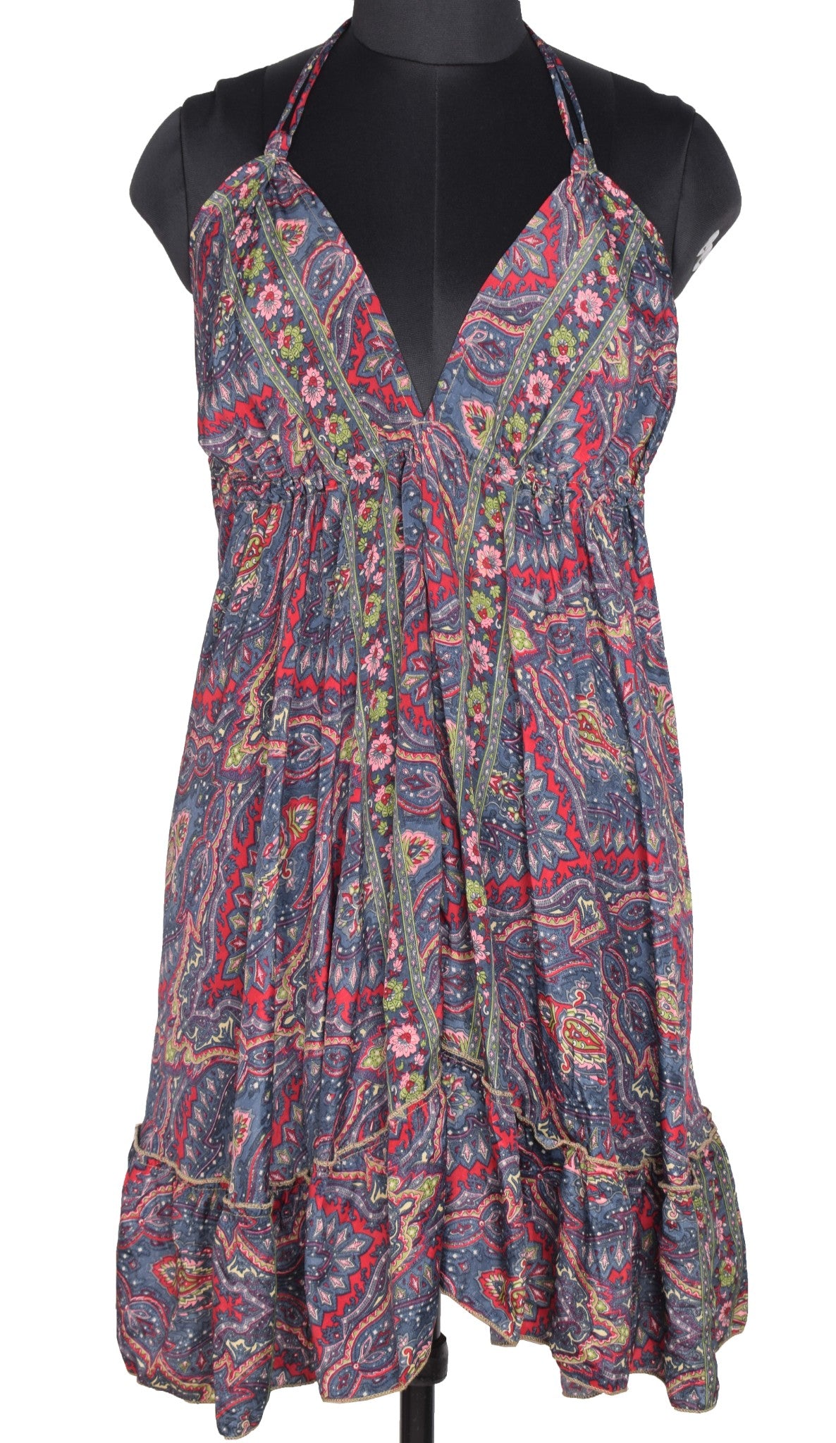 Sushila Vintage Halter Neck Midi Dress Boho Paisley Flowy Gray Summer Sundress