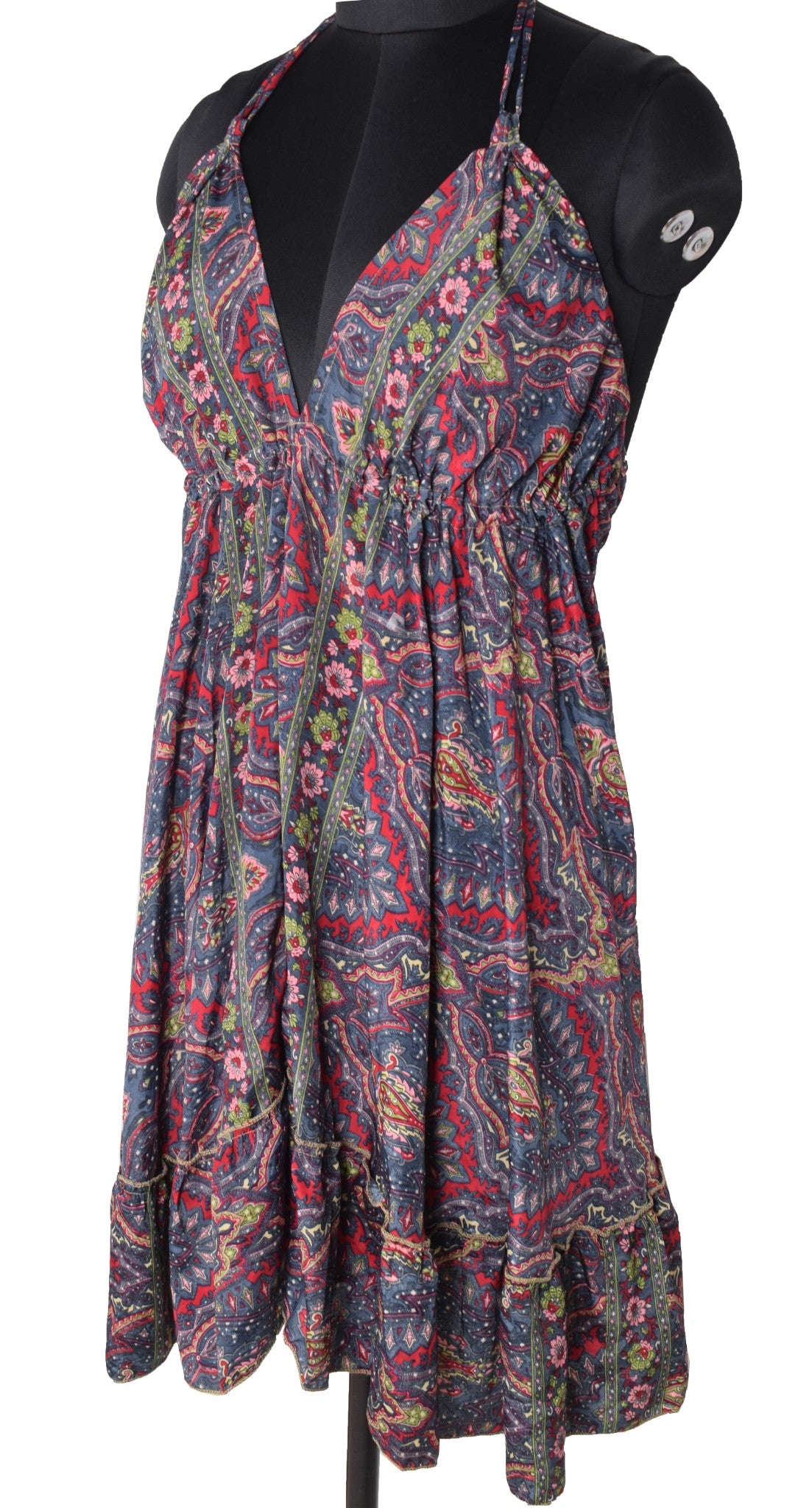 Sushila Vintage Halter Neck Midi Dress Boho Paisley Flowy Gray Summer Sundress
