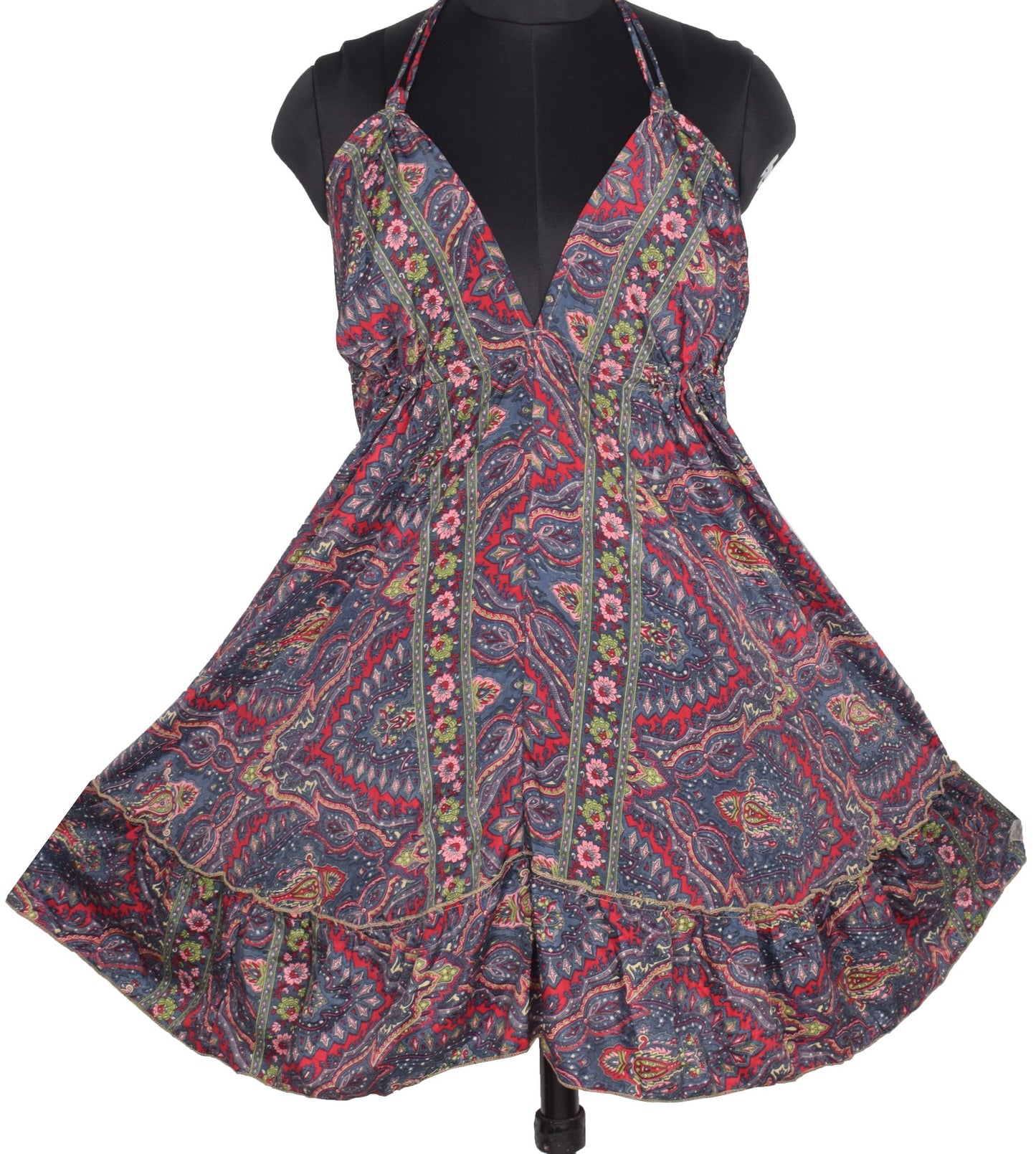 Sushila Vintage Halter Neck Midi Dress Boho Paisley Flowy Gray Summer Sundress