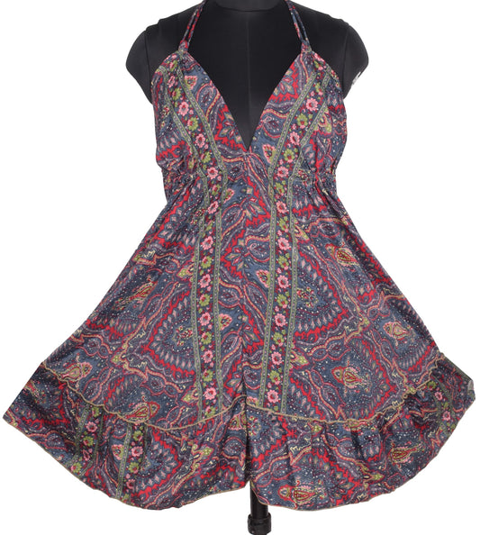 Sushila Vintage Halter Neck Midi Dress Boho Paisley Flowy Gray Summer Sundress