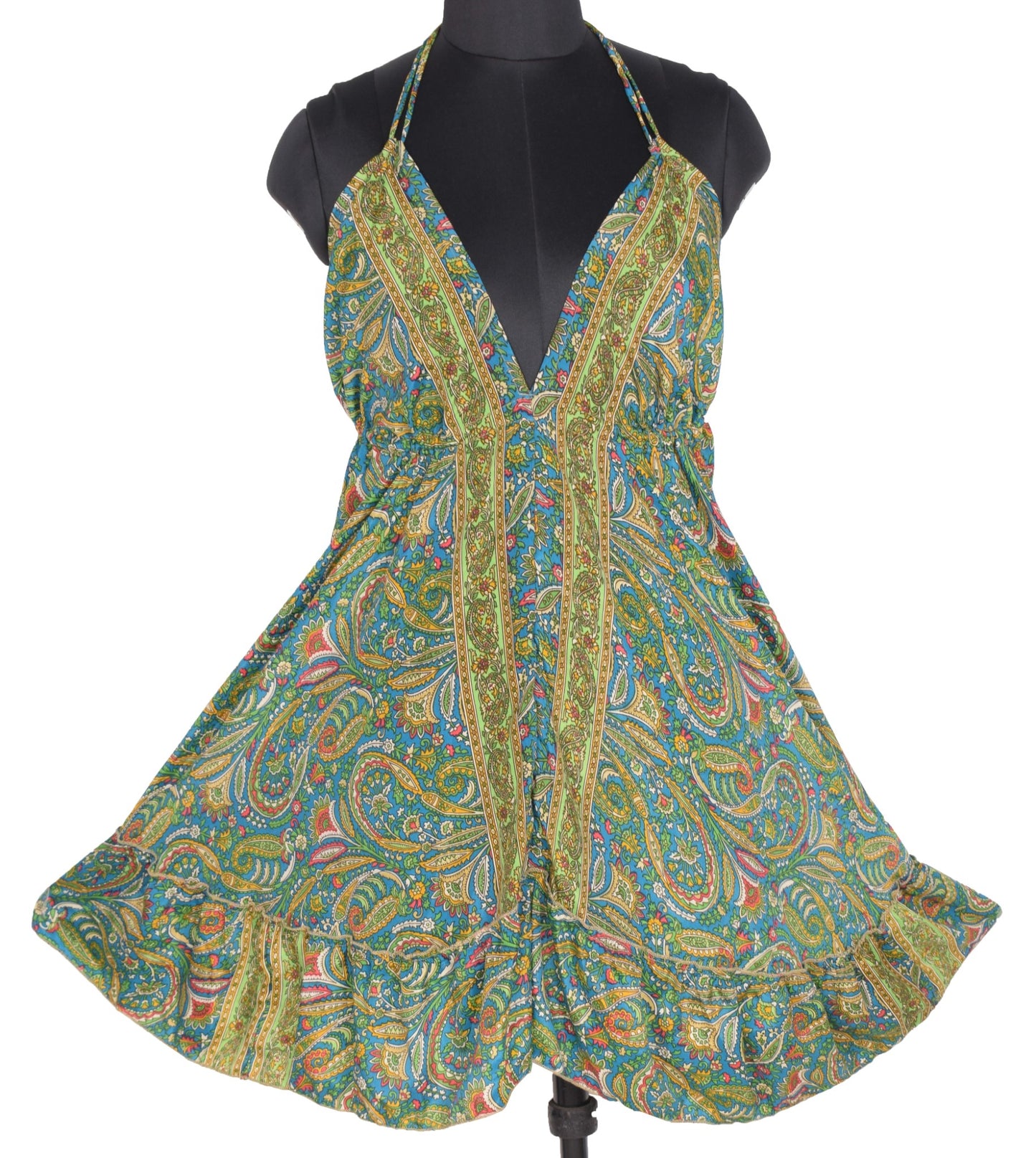 Sushila Vintage Halter Neck Midi Dress Boho Floral Flowy Teal Summer Sundress