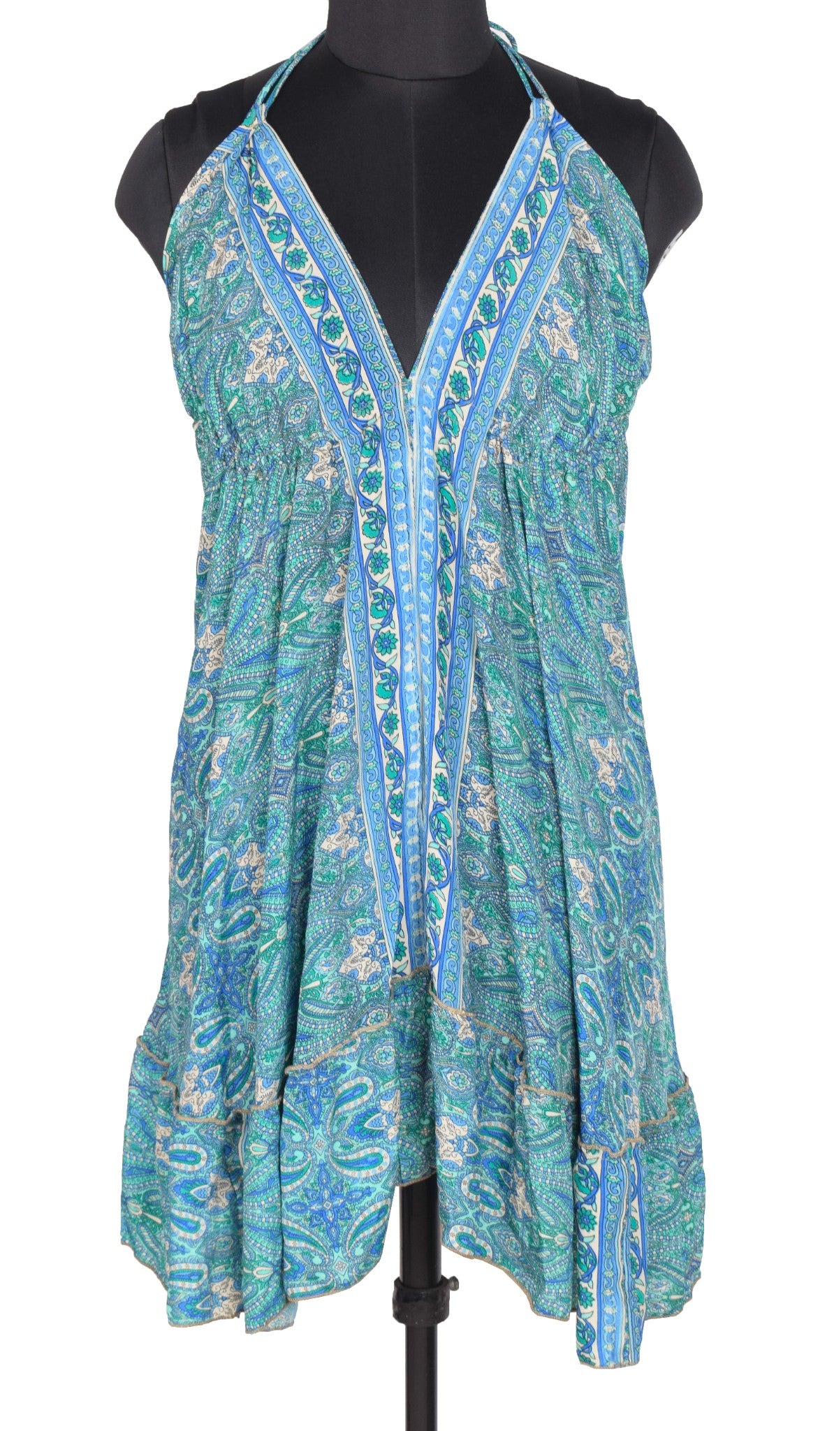 Sushila Vintage Halter Neck Midi Dress Boho Paisley Flowy Summer Sundress Aqua