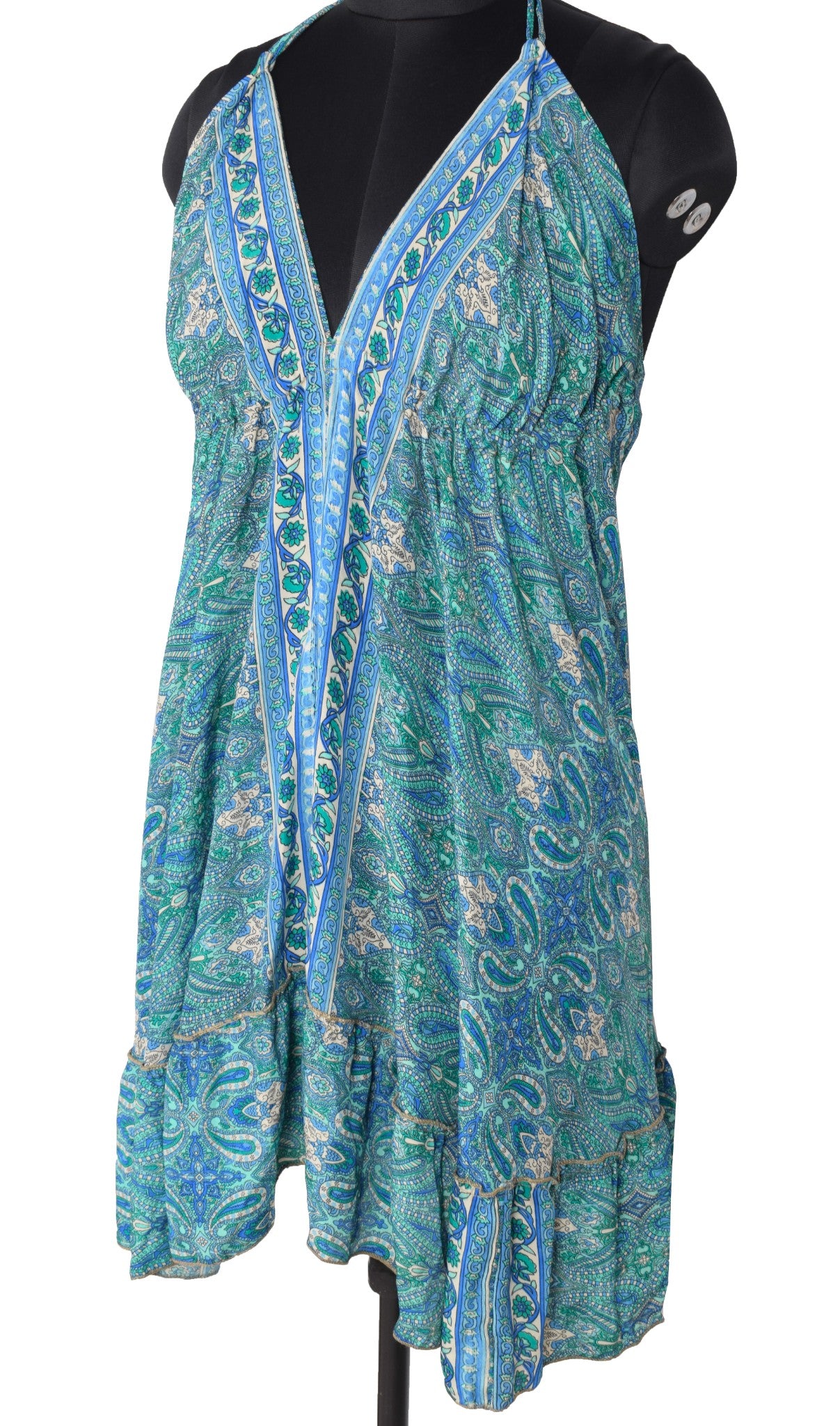 Sushila Vintage Halter Neck Midi Dress Boho Paisley Flowy Summer Sundress Aqua