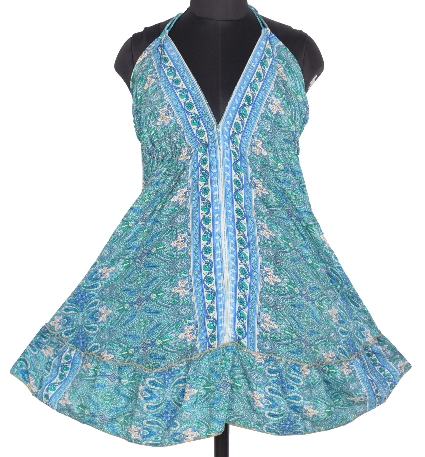Sushila Vintage Halter Neck Midi Dress Boho Paisley Flowy Summer Sundress Aqua