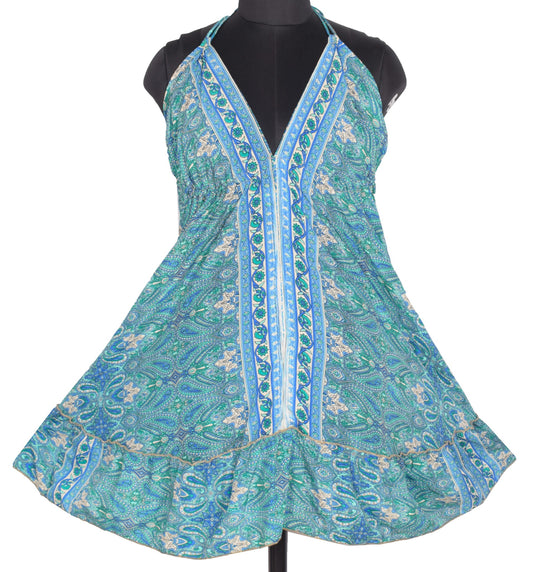 Sushila Vintage Halter Neck Midi Dress Boho Paisley Flowy Summer Sundress Aqua