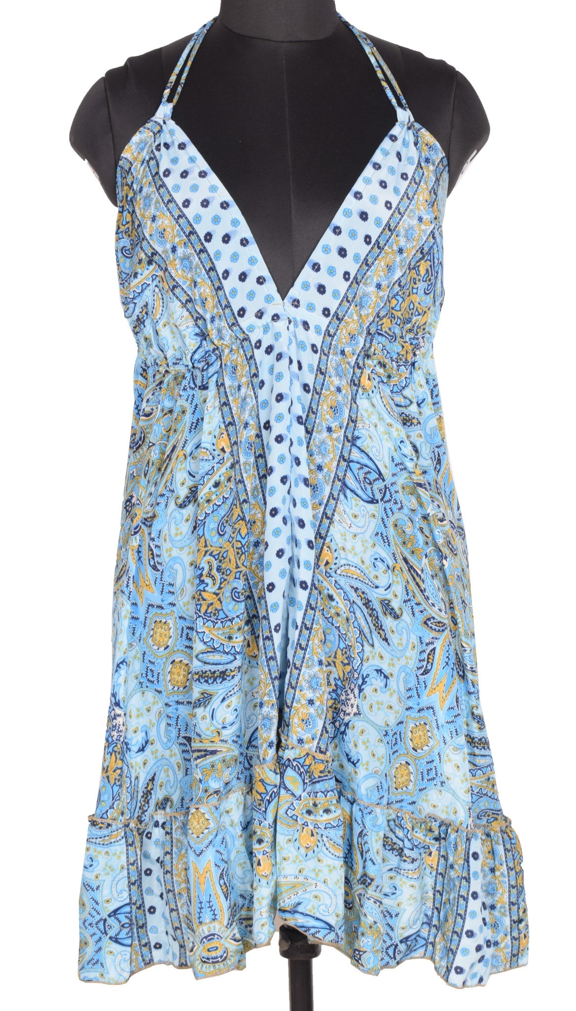 Sushila Vintage Halter Neck Midi Dress Boho Paisley Flowy Summer Sundress Aqua