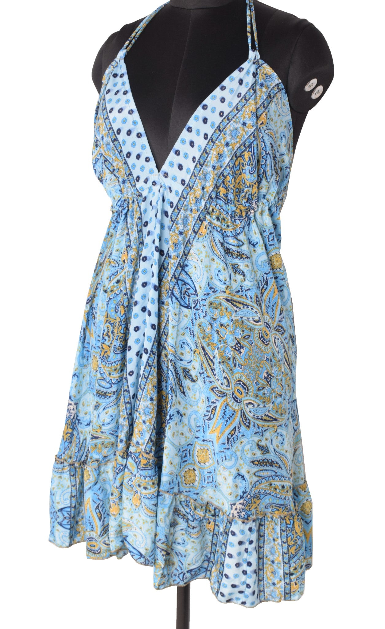 Sushila Vintage Halter Neck Midi Dress Boho Paisley Flowy Summer Sundress Aqua