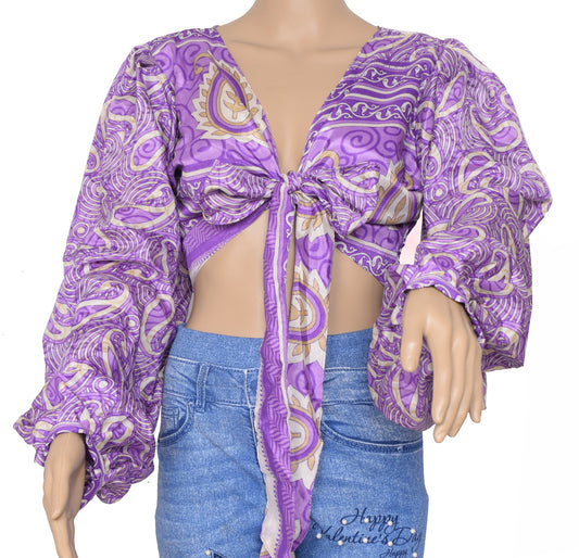 Sushila Vintage Balloon Sleeve Bohemian NEW Recycled Silk Saree Top Retro Purple