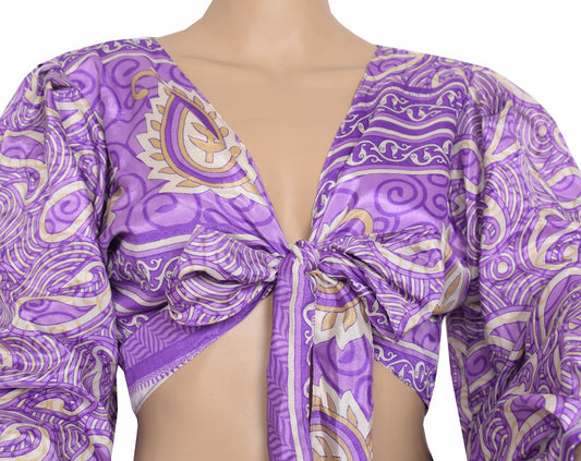 Sushila Vintage Balloon Sleeve Bohemian NEW Recycled Silk Saree Top Retro Purple