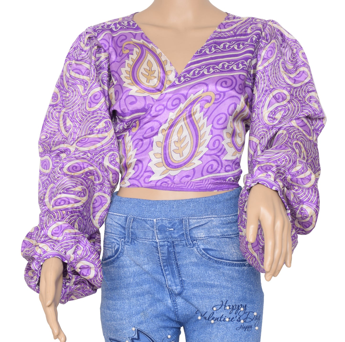 Sushila Vintage Balloon Sleeve Bohemian NEW Recycled Silk Saree Top Retro Purple