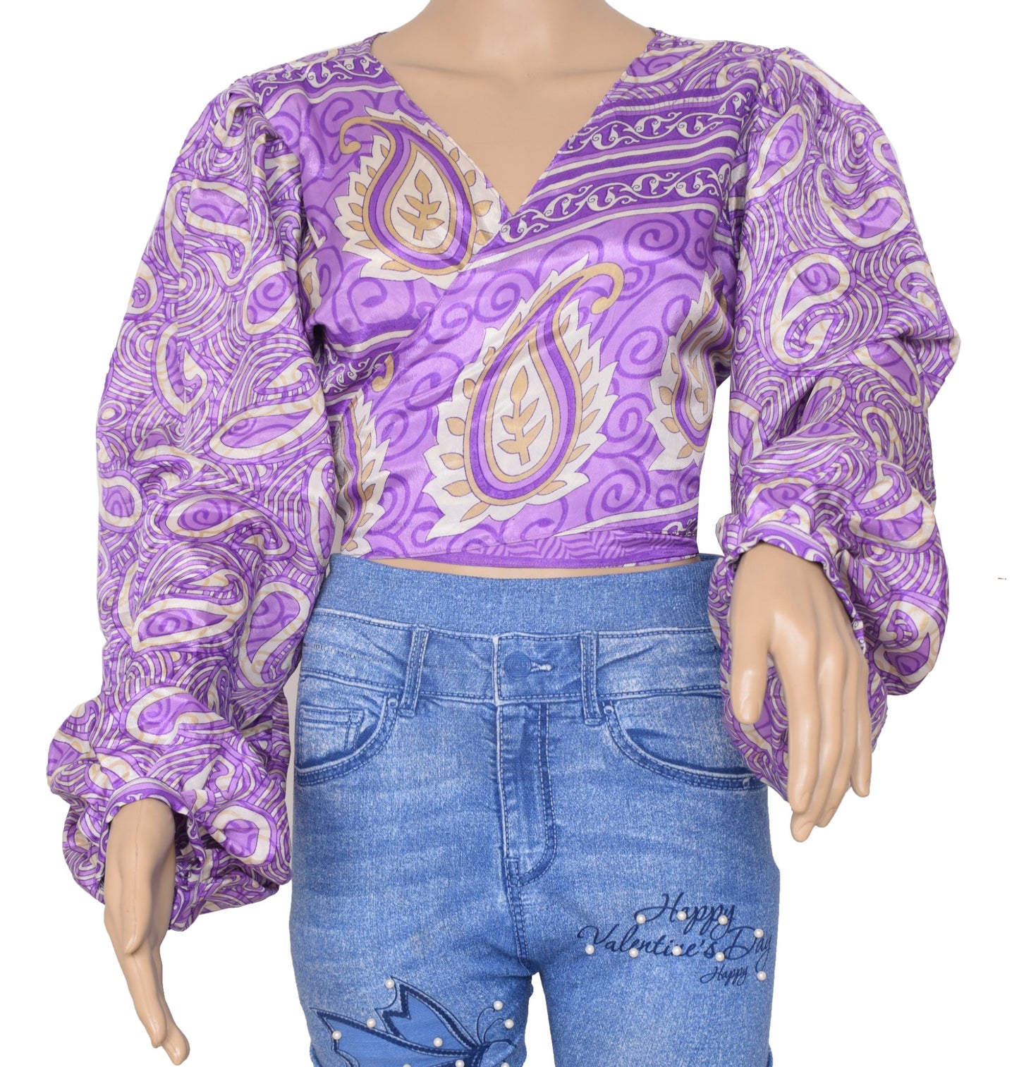 Sushila Vintage Balloon Sleeve Bohemian NEW Recycled Silk Saree Top Retro Purple