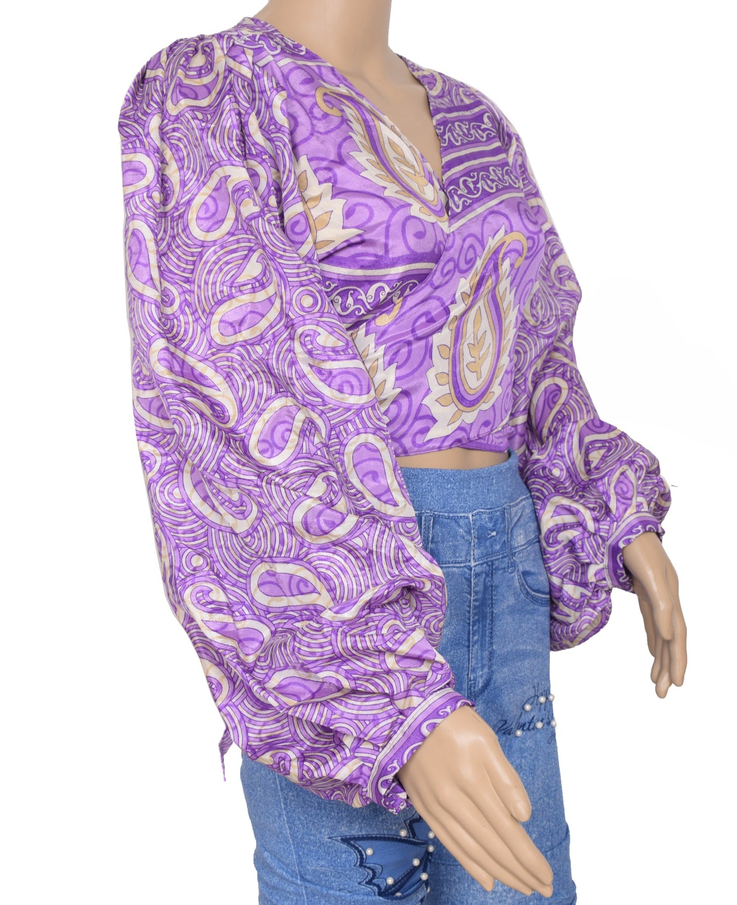 Sushila Vintage Balloon Sleeve Bohemian NEW Recycled Silk Saree Top Retro Purple