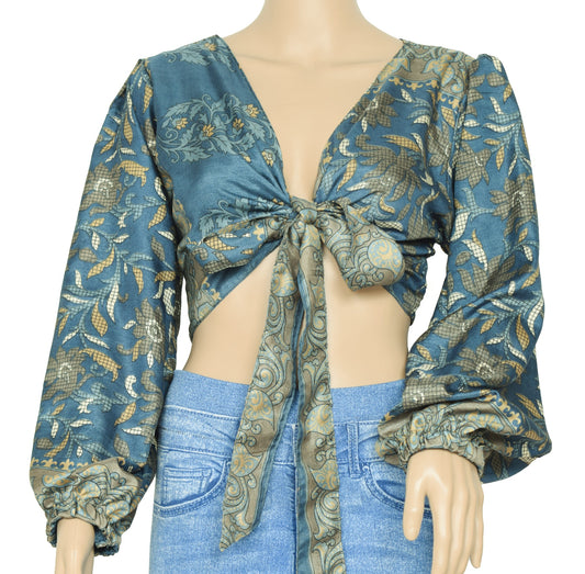 Sushila Vintage Bell Sleeve Bohemian NEW Recycled Silk Saree Top 70,s Retro