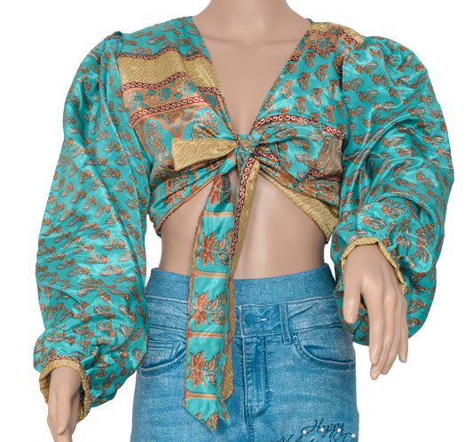 Sushila Vintage Balloon Sleeve Bohemian NEW Aqua Green Silk Saree Top 70,s Retro