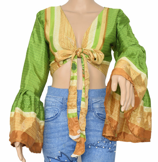 Sushila Vintage Bell Sleeve Bohemian NEW Recycled Silk Saree Top 70,sRetro Green