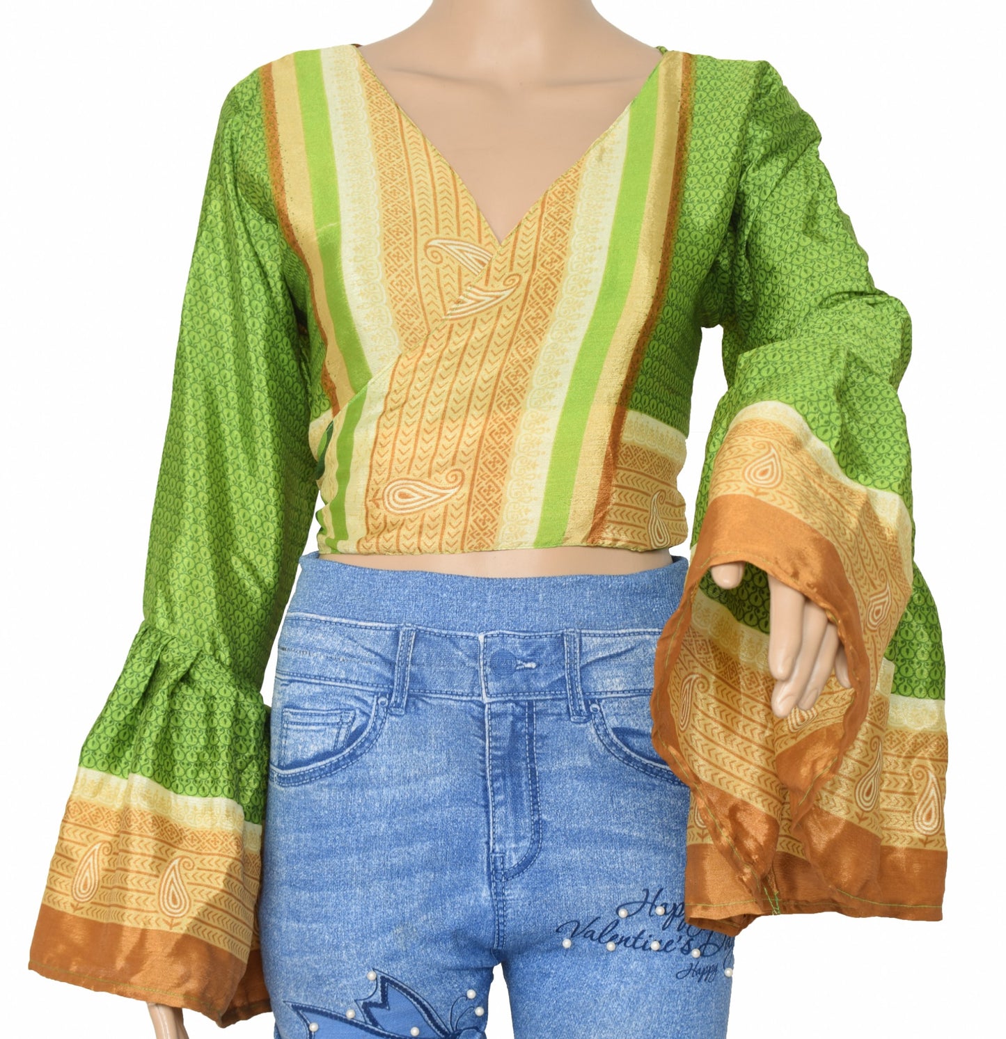 Sushila Vintage Bell Sleeve Bohemian NEW Recycled Silk Saree Top 70,sRetro Green