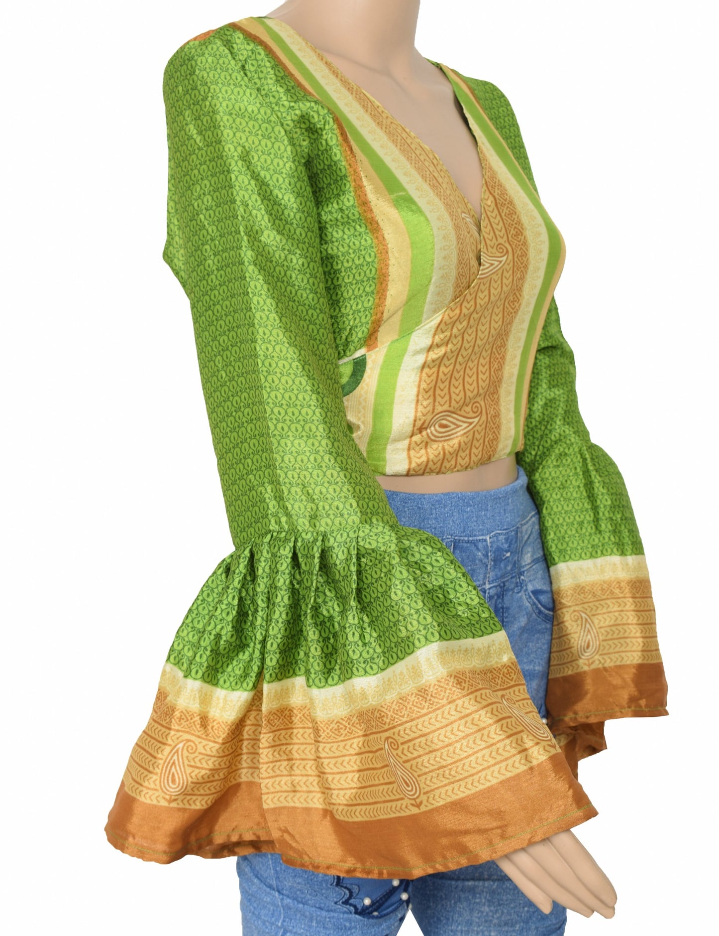 Sushila Vintage Bell Sleeve Bohemian NEW Recycled Silk Saree Top 70,sRetro Green