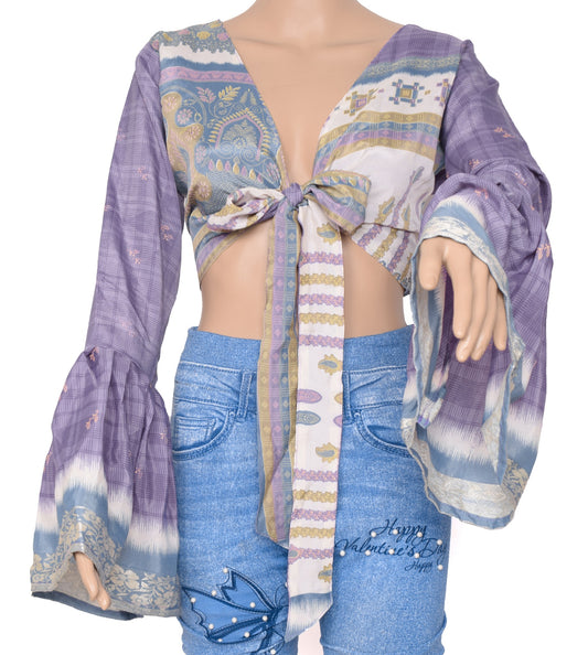 Sushila Vintage Bell Sleeve Bohemian NEW Recycled Silk Saree Top 70s Retro Mauve