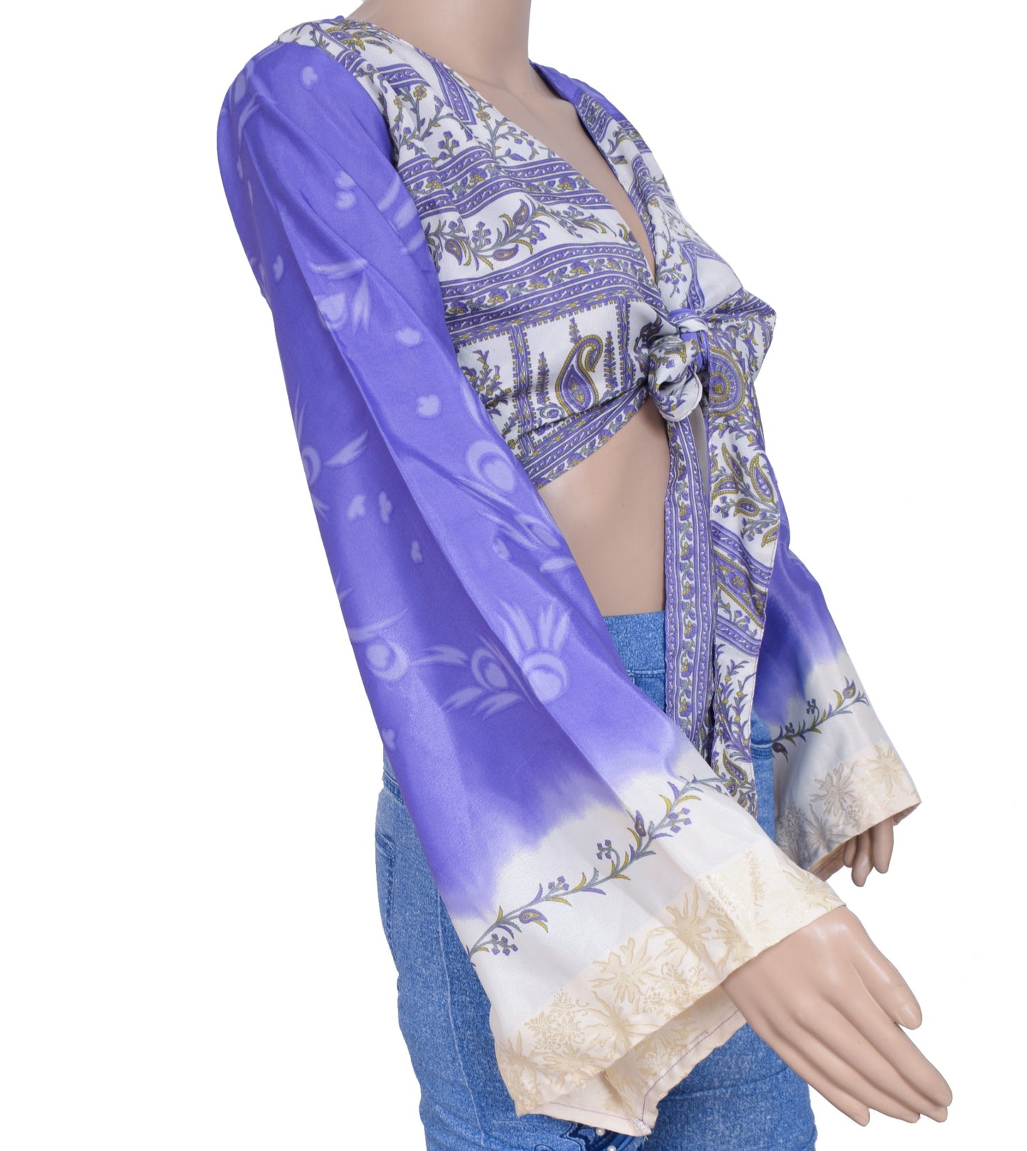 Sushila Vintage Bell Sleeve Top Floral NEW Recycled Silk Saree Retro Bohemian