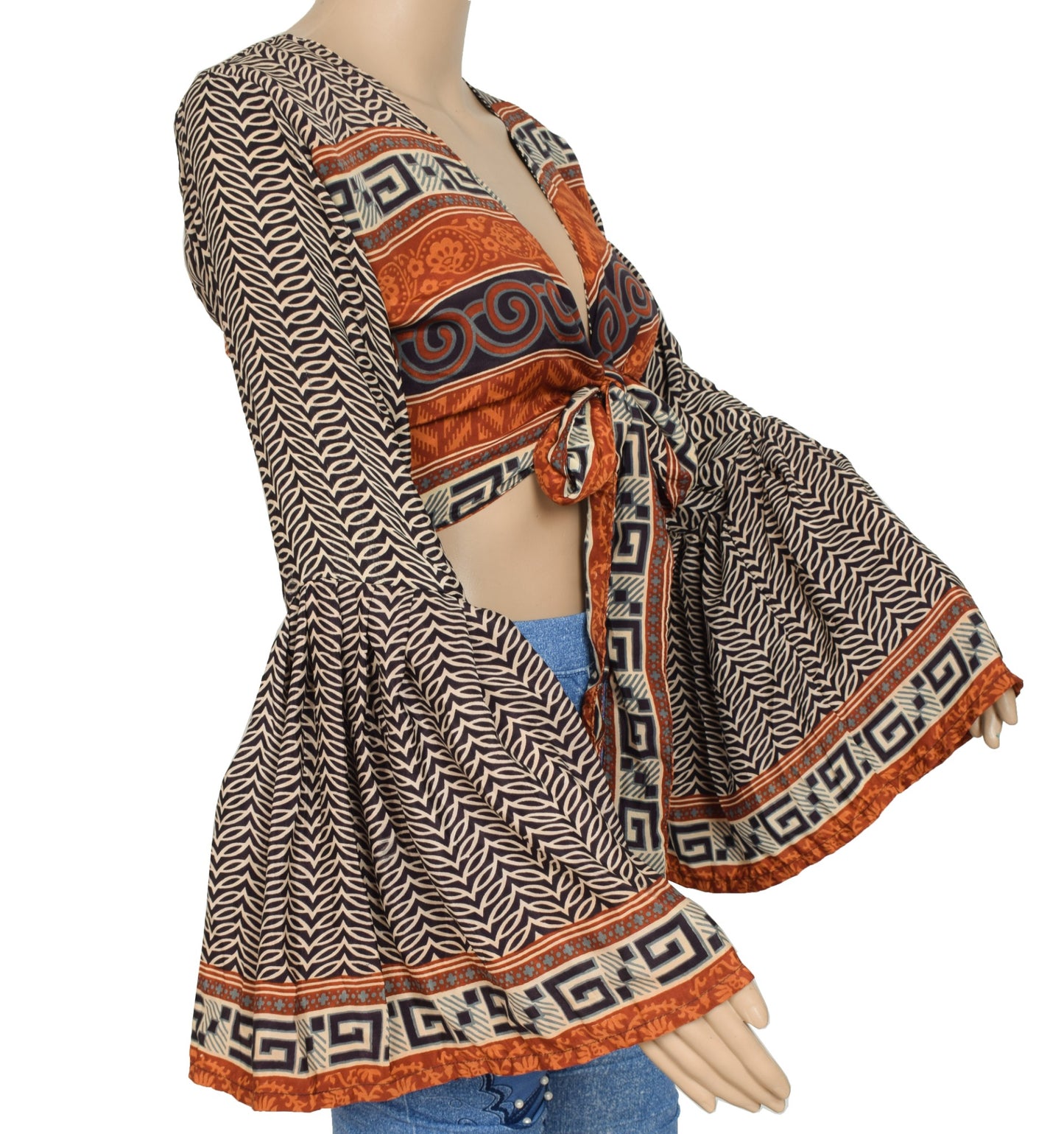 Sushila Vintage Bell Sleeve Top Bohemian NEW Recycled Silk Saree Retro Black