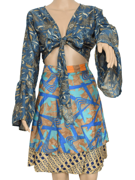 Sushila Vintage Bell Sleeve Top Bohemian NEW Recycled Silk Saree 70,s Retro Gray