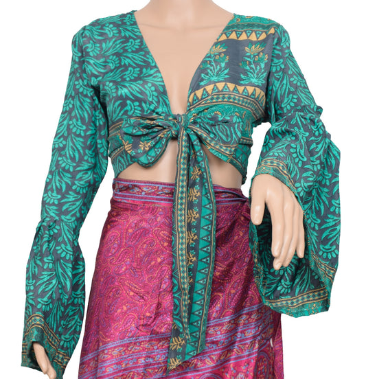 Sushila Vintage Bell Sleeve Top Bohemian NEW Recycled Silk Saree 70,s Retro Gray